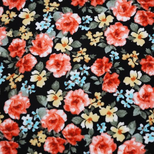 Fabric Merchants Flowers on Black Double Brushed Stretch Fabric